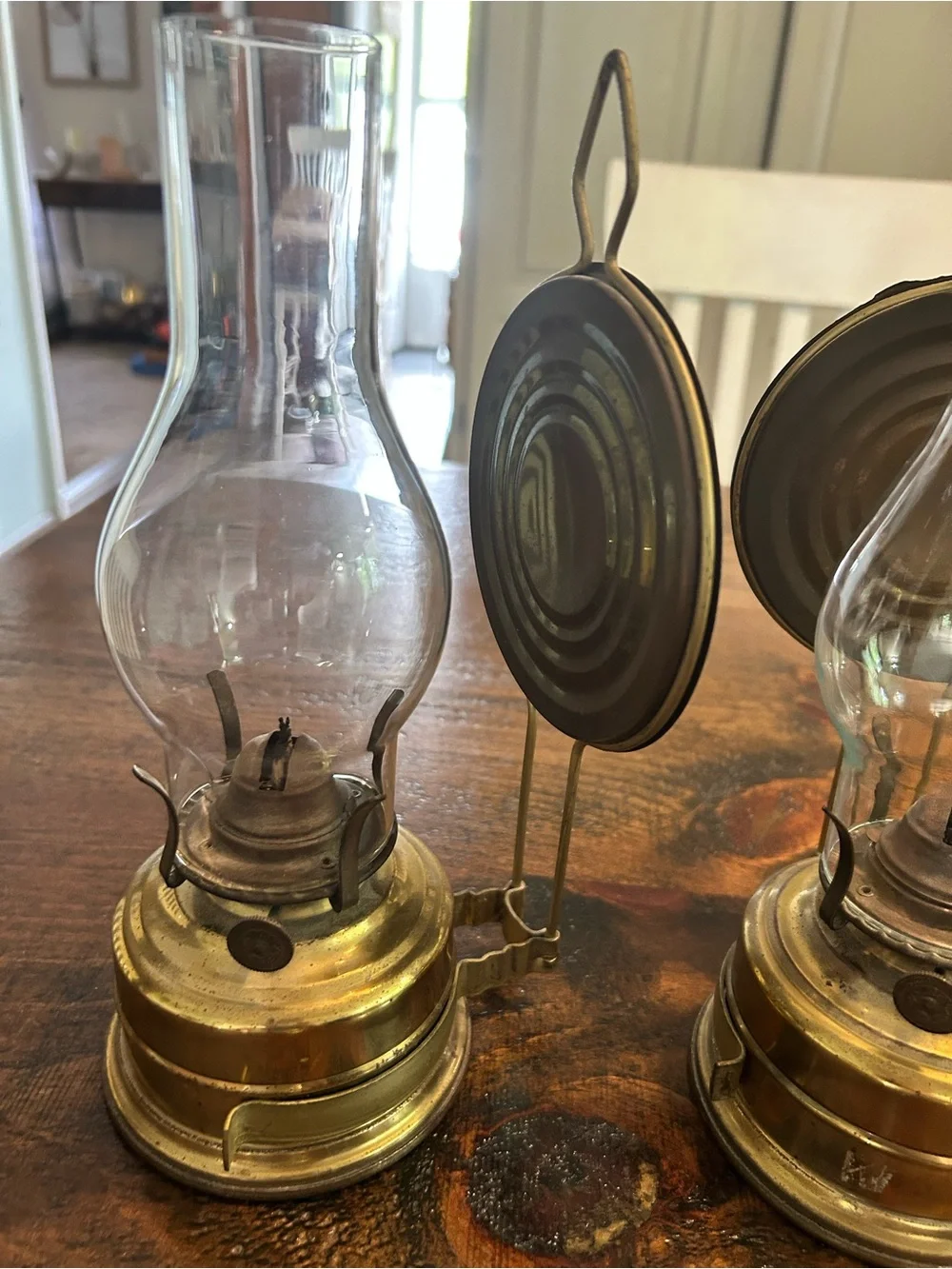 2 Antique Brass Oil Lamps Able To Hang On Walls. Made In Germany